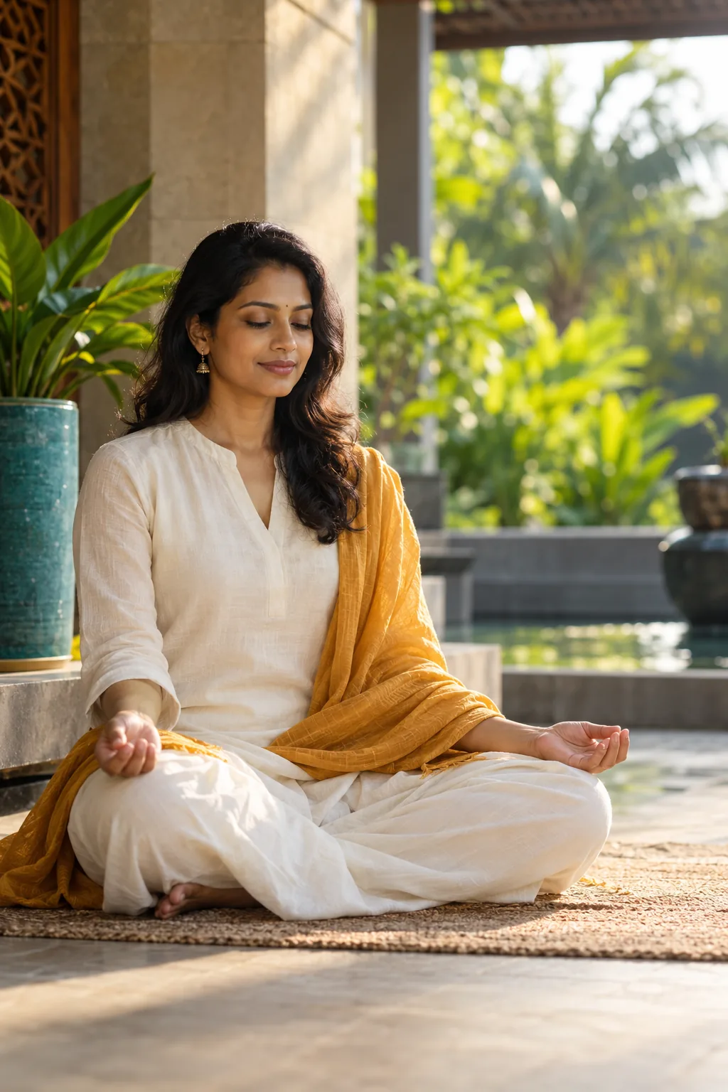 Malaysian Indian woman in a calm meditative pose