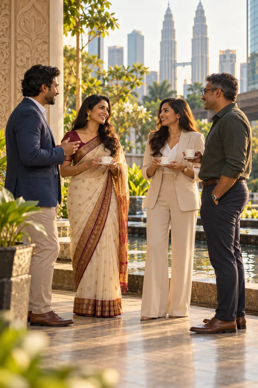 Illustration of Hindu business delegates talking over tea in Malaysia