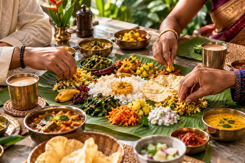 Illustration of a vegetarian banana-leaf meal shared at a table