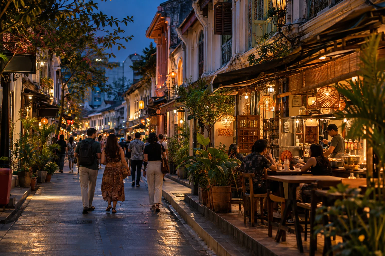 An editorial visual of an evening heritage street with cafés and visitors
