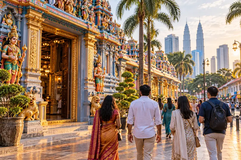 Illustration of visitors approaching a Hindu temple in a Malaysian city