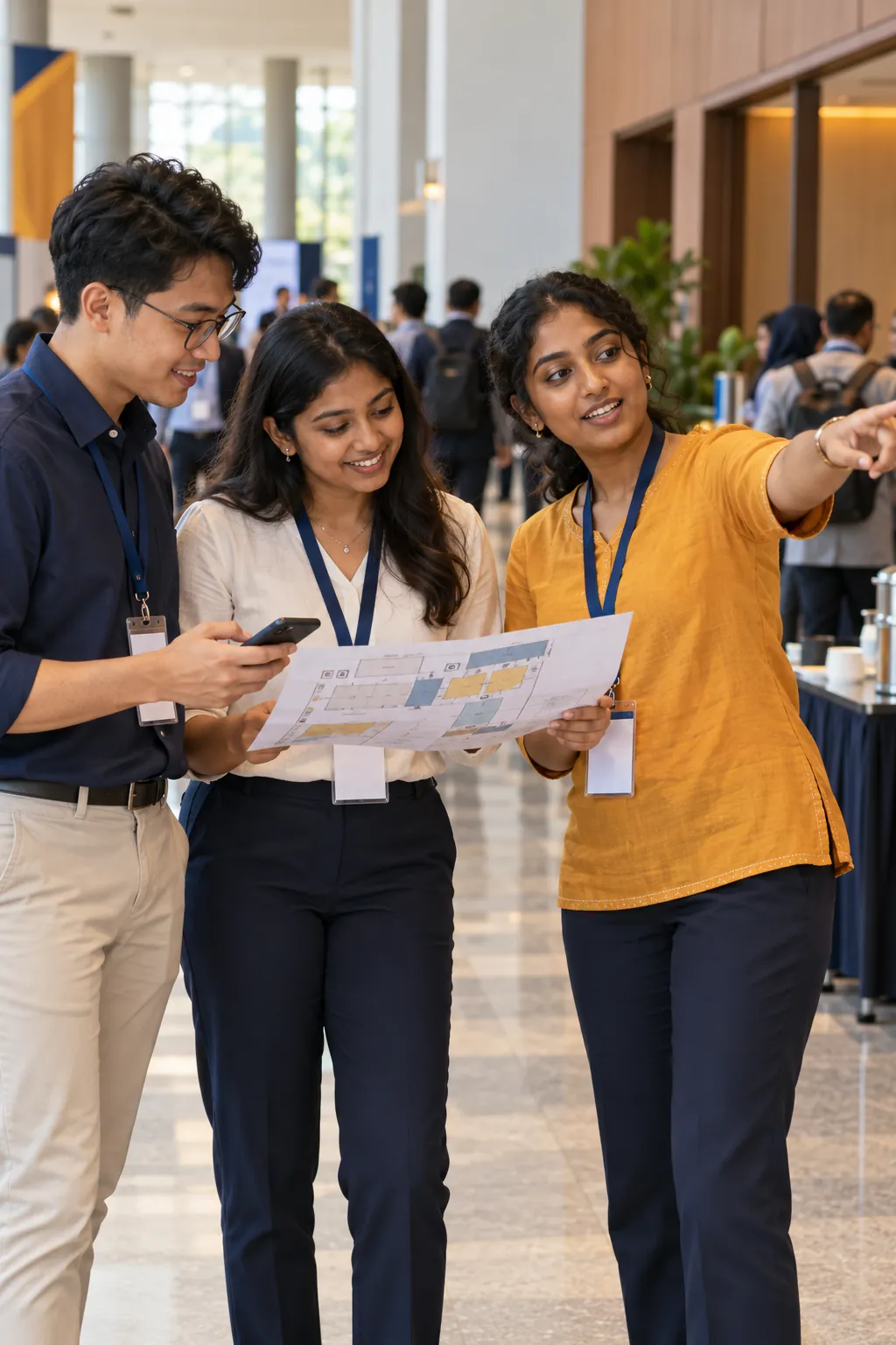 Illustrative scene of volunteers coordinating with a site map at a conference