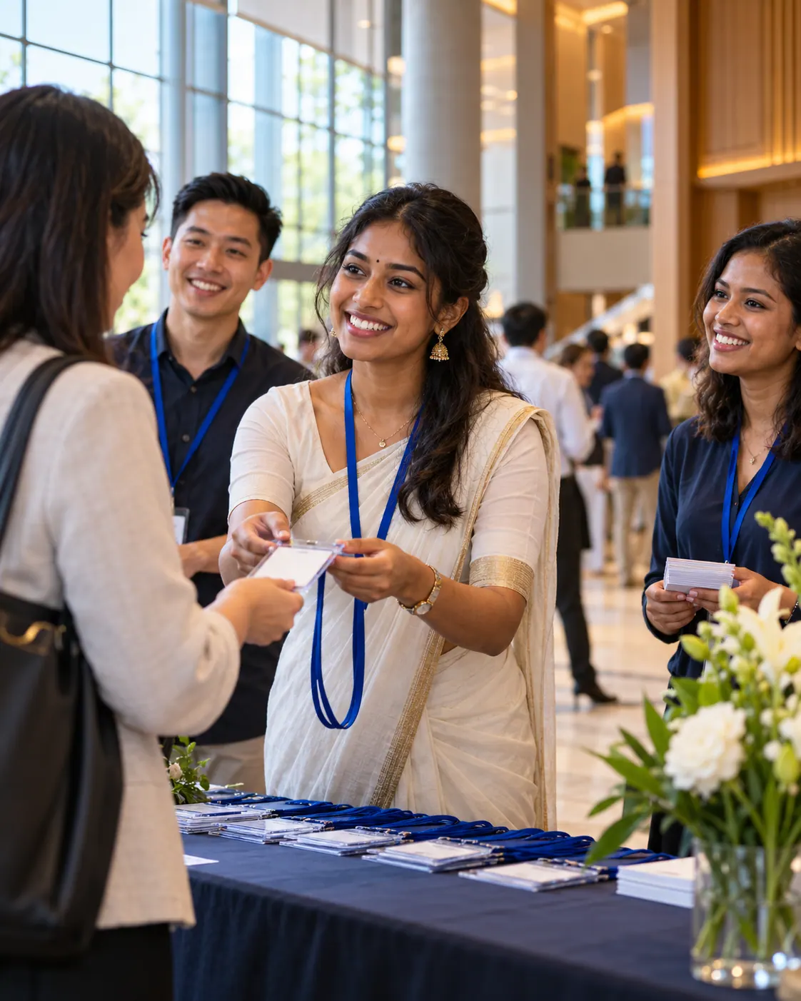 Illustrative scene of Malaysian volunteers greeting a conference guest and handing over a badge